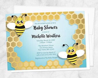 Honeycomb Bee Baby Shower Invitations - Cute Bee and Honeycomb design over Turquoise - Bee Shower Invites - Printed Bee Invitations