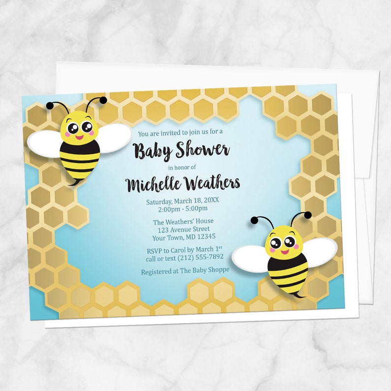 Honeycomb Bee Baby Shower Invitations Cute Bee and Honeycomb design over Turquoise Bee Shower Invites Printed Bee Invitations image 1