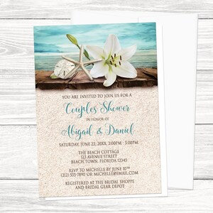 Beach Couples Shower Invitations - Lily Seashells Sand Beach - Rustic Floral Tropical - Wood Dock Water - Printed Invitations