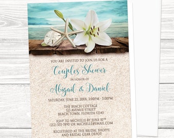 Beach Couples Shower Invitations - Lily Seashells Sand Beach - Rustic Floral Tropical - Wood Dock Water - Printed Invitations