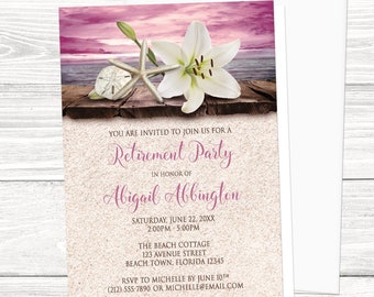 Beach Retirement Invitations, Lily Seashells Sand Magenta, Tropical Invites - Printed