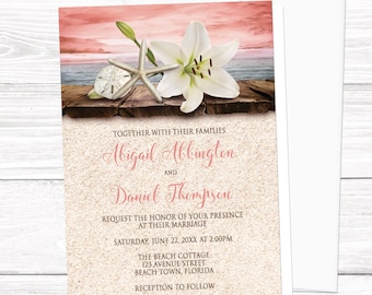 Beach Wedding Invitations - Lily Seashells Sand, Coral Beach - Destination Wedding, Tropical Wedding Invites - Printed Invitations