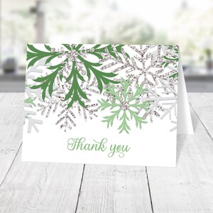 Winter Thank You Cards, Green Silver Snowflake Printed afbeelding 1
