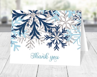 Winter Thank You Cards, Blue Silver Snowflake - Printed Thank You Cards