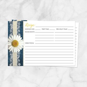 Daisy Recipe Cards, Burlap and Lace Rustic Denim, double-sided - 4x6 Printed Recipe Cards