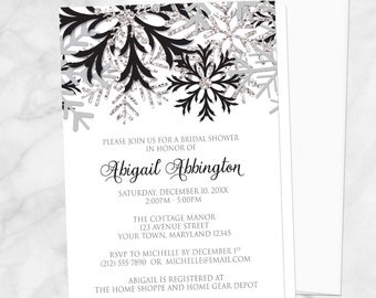 Winter Bridal Shower Invitations, Black Silver Snowflake on white - Printed