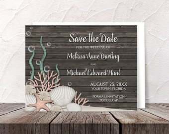 Rustic Wood Beach Save the Date cards - Seashells Sand Brown Wood Background - Printed Cards