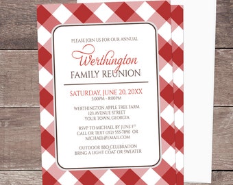 Red Gingham Family Reunion Invitations, red and white gingham pattern, check pattern, rustic bbq country red gingham invites - Printed