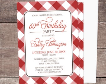 Red Gingham Birthday Party Invitations, red white gingham check pattern, Any Age or Milestone - Printed