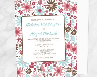 Summer Wedding Invitations, blue berry pink brown flowers, floral invites - Printed