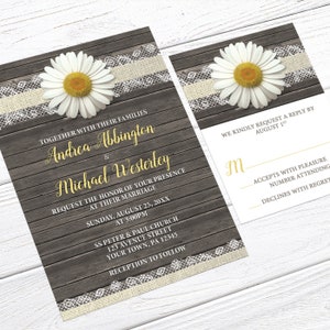 Daisy Wedding Invitations, Burlap and Lace Rustic Wood Printed image 2