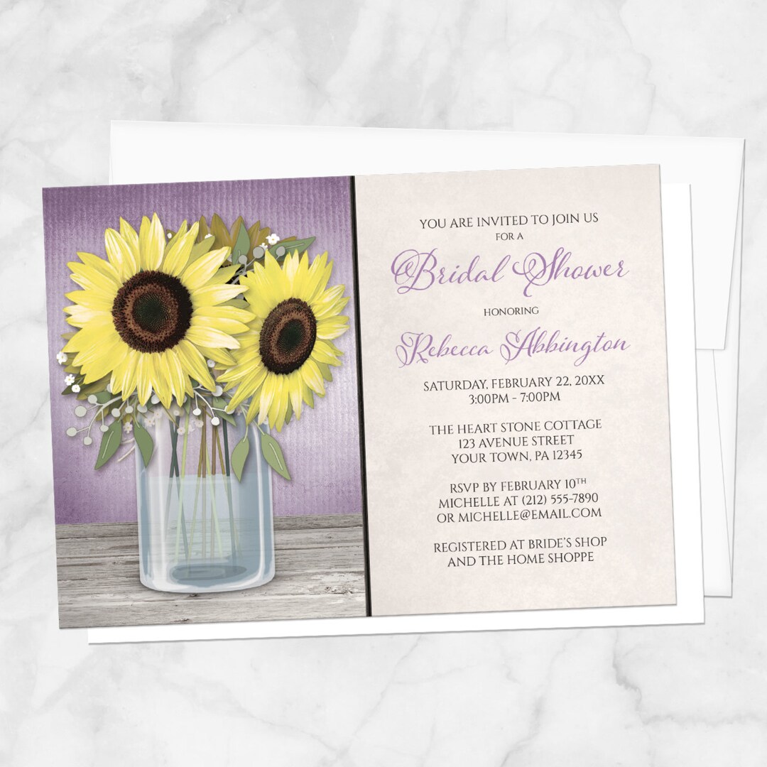 Sunflower Bridal Shower Invitations Purple Yellow Floral in a Mason Jar