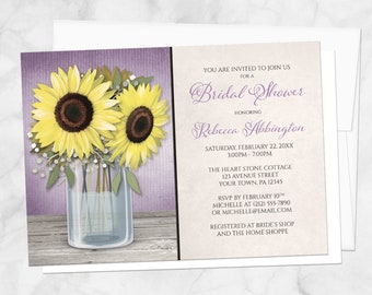 Sunflower Bridal Shower Invitations Purple - Yellow Floral in a Mason Jar over Purple with Beige - Cottage Chic design - Printed Invitations