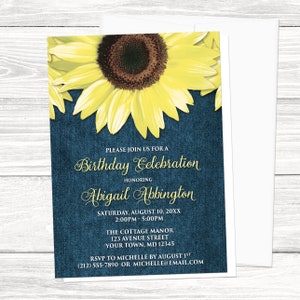 Sunflower Birthday Party Invitations, rustic denim, floral yellow blue, Sunflower Birthday Invites - Printed Invitations