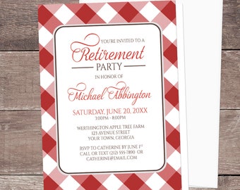 Red Gingham Retirement Invitations, red and white gingham pattern, check pattern - Printed