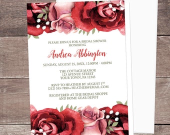 Red Rose Bridal Shower Invitations - Rustic Red and Pink Roses with Green on White, Rose Shower Invites - Printed Invitations
