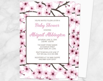 Cherry Blossom Baby Shower Invitations, pretty pink sakura branches floral pattern, invites - Printed