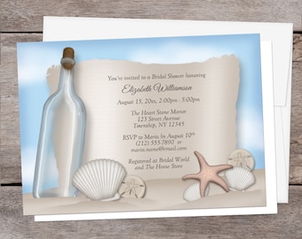 Beach Bridal Shower Invitations, Message from a Bottle, seashells sand, beach shower invites - Printed