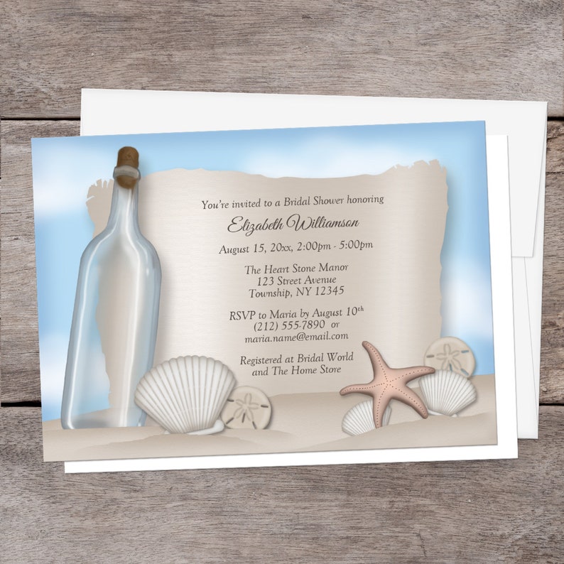 Beach Bridal Shower Invitations, Message from a Bottle, seashells sand, beach shower invites Printed image 1