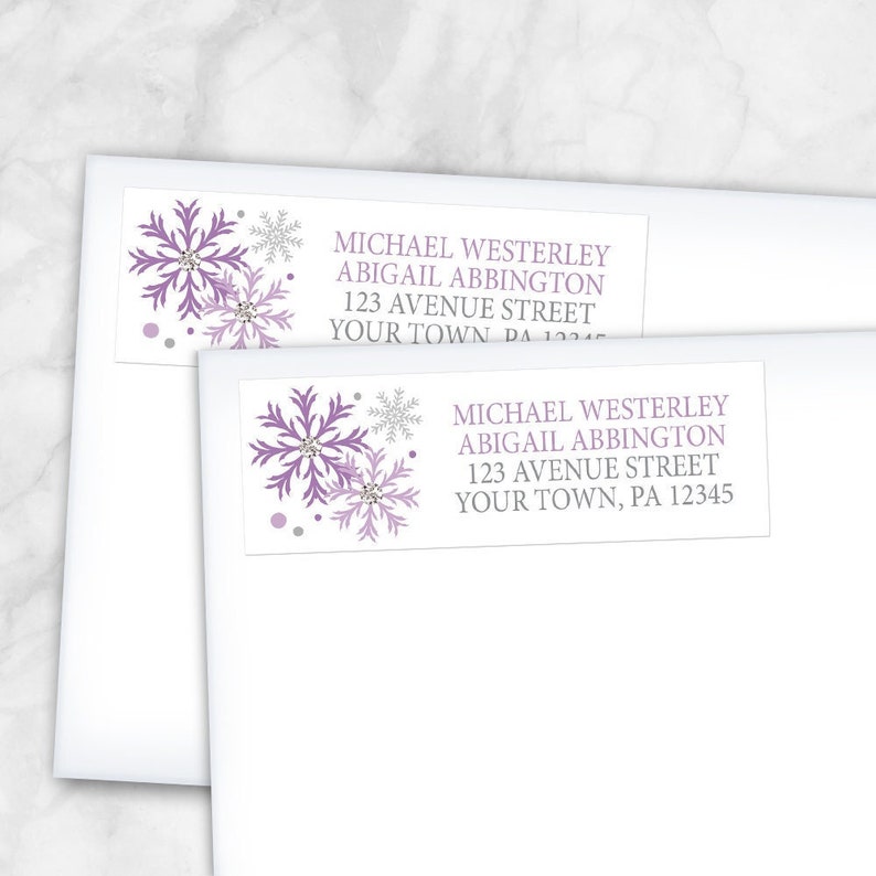 Winter Address Labels, Purple Silver Snowflake design on white Printed Return Address Labels image 1