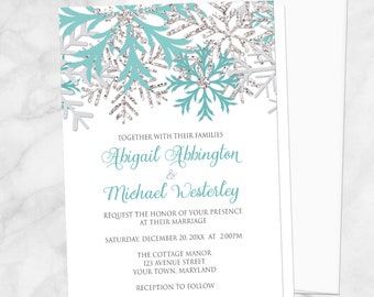 Winter Wedding Invitations - Teal Silver Snowflakes on White, Snowflake Wedding Invitations, Snowflake Invitations - Printed Invitations