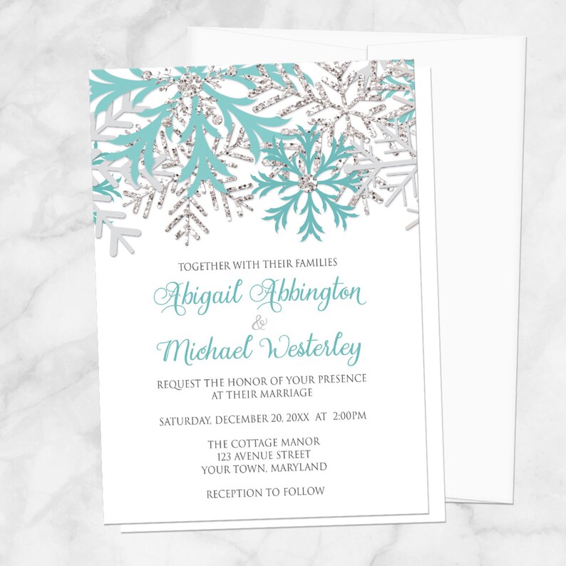 Winter Wedding Invitations Teal Silver Snowflakes On White Etsy