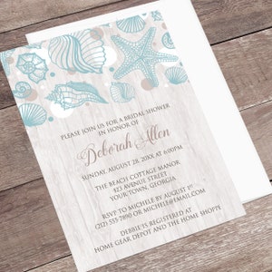 Beach Bridal Invitations Seashell Whitewashed Wood Beach Bridal Shower Modern Rustic Beach Seashells Printed Seashell Invitations image 2