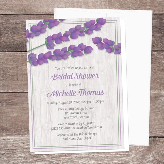 Lavender Bridal Shower Invitations, Whitewashed Wood purple lavender