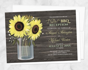 Sunflower I Do BBQ Reception Only Invitations, rustic wood mason jar I Do BBQ, rustic barbecue reception invites - Printed