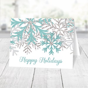 Holiday Cards, Teal Silver Snowflake Winter design, Happy Holidays Christmas cards with greeting Printed image 1