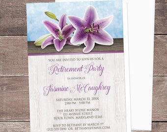 Purple Lily Retirement Invitations, Pretty Floral Rustic Wood - Printed