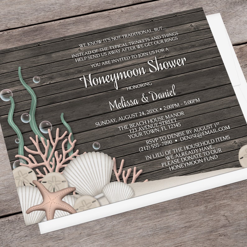 Beach Honeymoon Shower Invitations, Rustic Wood Seashell rustic under the sea design Printed image 2