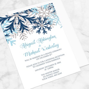 Winter Reception Only Invitations Blue Silver Snowflake design on White Post-Wedding Snowflake Reception Printed Snowflake Invitations image 2