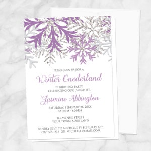 Winter Onederland Invitations Girl - Purple Silver and Gray Snowflakes on White - Winter 1st Birthday - Printed Invitations