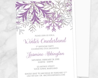 Winter Onederland Invitations Girl - Purple Silver and Gray Snowflakes on White - Winter 1st Birthday - Printed Invitations