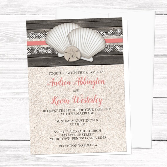 Coral Beach Wedding Invitations Seashells Lace Rustic Wood