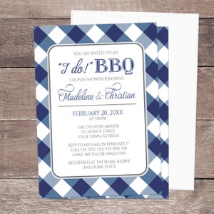 I Do BBQ Couples Shower Invitations, Navy Blue Gingham country invites - Printed I Do BBQ Invitations