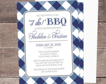 I Do BBQ Couples Shower Invitations: Navy Gingham Printed Invites