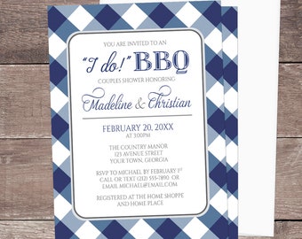 I Do BBQ Couples Shower Invitations, Navy Blue Gingham country invites - Printed I Do BBQ Invitations