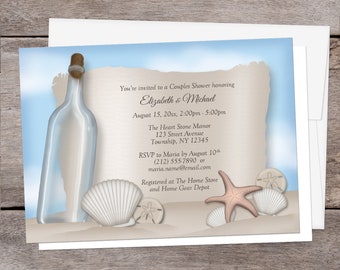 Beach Couples Shower Invitations - Message from a Bottle design with Seashells and Sand - Beach Shower Invites - Printed Beach Invitations