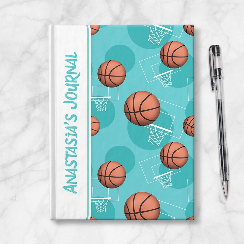 Teal Basketball Personalized Journal 5x7 lined paper or blank paper, Printed Hardcover Journal or Sketchbook image 1