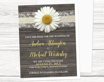 Daisy Save the Date Cards, Burlap Lace Rustic Wood, floral country design with yellow brown and beige - Printed Save the Date Cards