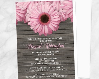 Pink Daisy Baby Shower Invitations Girl - Rustic Brown Wood and Pink Floral - Country Southern Girl Baby Shower - Printed Invitations