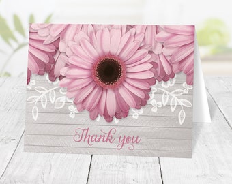 Rustic Pink Daisy Thank You Cards, pink floral and light gray wood with white lace design - Printed