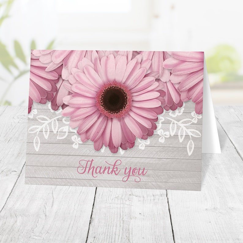 Rustic Pink Daisy Thank You Cards, pink floral and light gray wood with white lace design Printed image 1