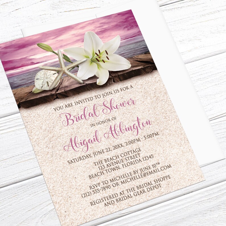 Beach Bridal Shower Invitations Lily Seashells and Sand Magenta Plum Pink Purple Tropical Shower, Seaside Printed Beach Invitations image 2