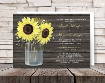 Sunflower Couples Shower Invitations Rustic - Yellow Floral in Mason Jar over Country Brown Wood design with Green - Printed Invitations