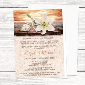 Autumn Beach Honeymoon Shower Invitations: Lily, Seashells, Sand, Orange