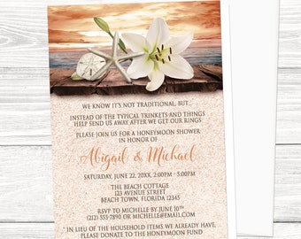 Autumn Beach Honeymoon Shower Invitations - Lily Seashells and Sand with Orange - Tropical Fall Destination, Seaside - Printed Invitations