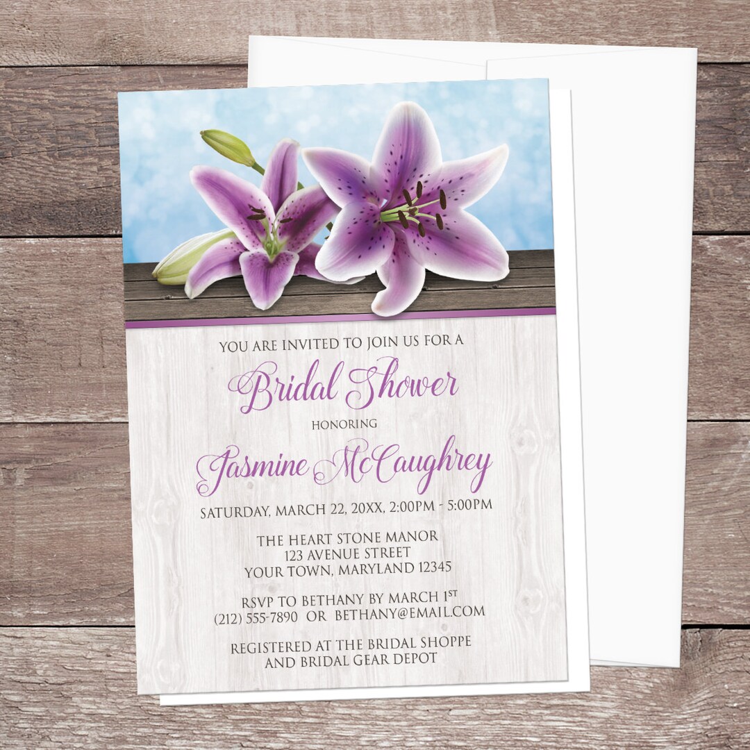 Purple Lily Bridal Shower Invitations, Pretty Floral Rustic Wood